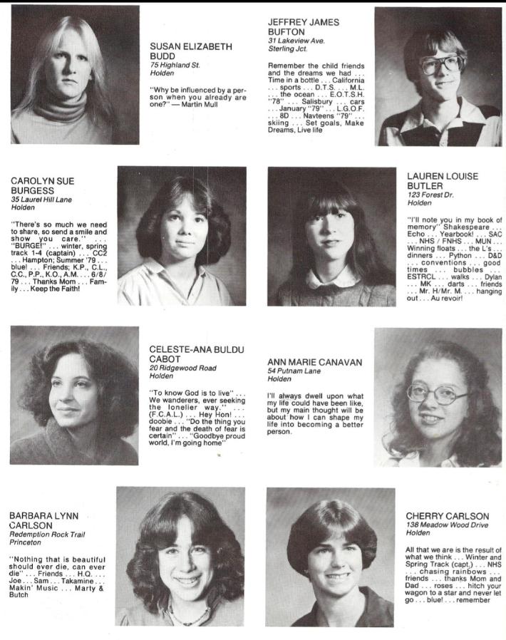 Wachusett Regional High School Class of 1980 Susan Budd, Jeffrey Bufton, Carol Burgess, Lauren Butler, Celeste Cabot, Ann Marie Canavan, Barbara Ann Carlson, Cherry Carlson