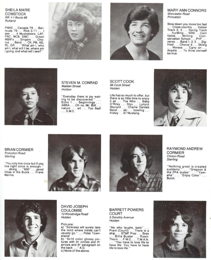 Wachusett Regional High School Class of 1980 Sheila Comstock, Mary Ann Connors, Steven Conrad, Scott Cook, Brian Cormier, Raymond Cormier, David Coulombe, Barrett Court