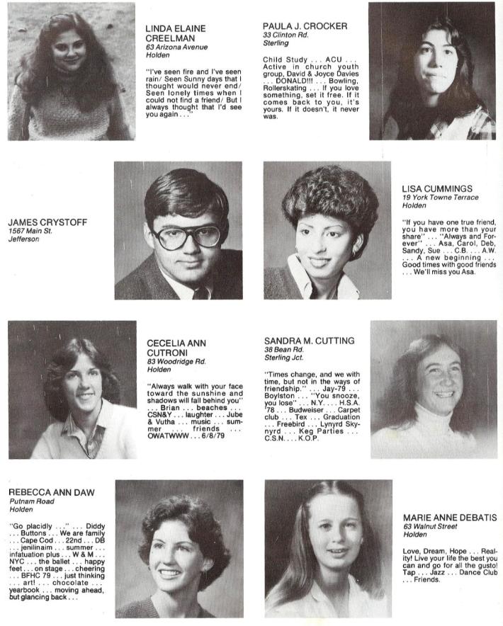 Wachusett Regional High School Class of 1980 Linda Creelman, Paula Crocker, James Crystoff, Lisa Cummings, Cecelia Cutroni, Sandra Cutting, Rebecca Ann Daw, Marie Ann Debatis