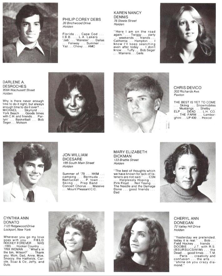 Wachusett Regional High School Class of 1980 Philip Debs, Karen Dennis, Darlene Desroches, Chris Devico, Jon Dicesare, Mary Dickman, Cynthia Donato, Cheryl Donegan