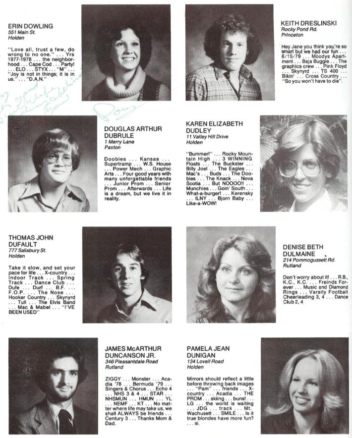 Wachusett Regional High School Class of 1980 Erin Dowling, Keith Dreslinski, Douglas Dubrule, Karen Dudley, Thomas Dufault, Denise Dulmaine, James Duncanson, Pamela Dunigan