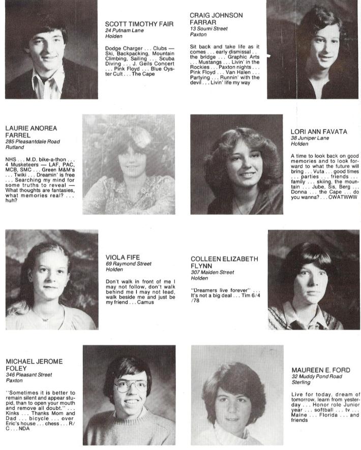 Wachusett Regional High School Class of 1980 Scott Fair, Craig Farrar, Laurie Farrel, Lori Favata, Viola Fife, Colleen Flynn, Michael Foley, Maureen Ford