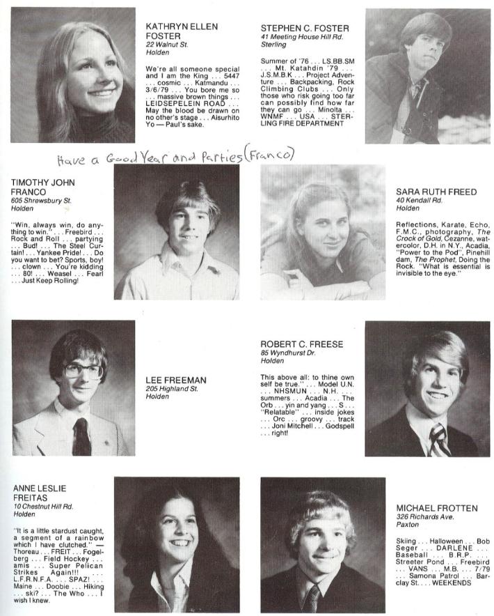 Wachusett Regional High School Class of 1980 Kathryn Foster, Stephen Foster, Timothy Franco, Sara Freed, Lee Freeman, Robert Freese, Ann Freitas, Michael Frotten