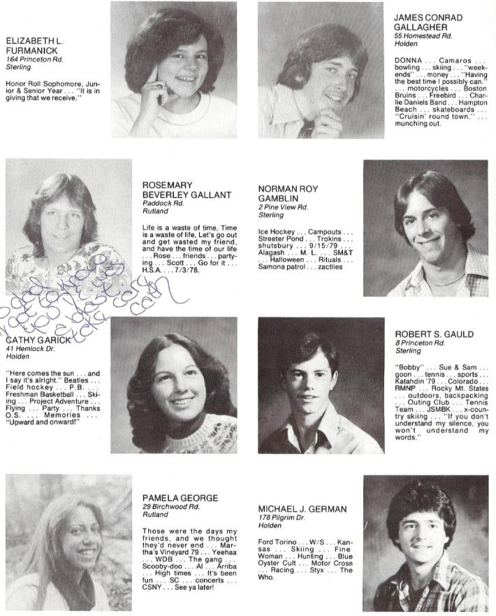 Wachusett Regional High School Class of 1980 Elizabeth Furmanick, James Gallagher, Rosemary Gallant, Norman Gamblin, Cathy Garick, Robert Gauld, Pamela George, Michael German