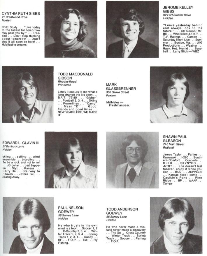 Wachusett Regional High School Class of 1980 Cynthia Gibbs, Jerome Gibbs, Todd Gibson, MarK Glassbrenner, Edward Glavin III, Shawn Gleason, Paul Nelson Gowey, Todd Anderson Gowey