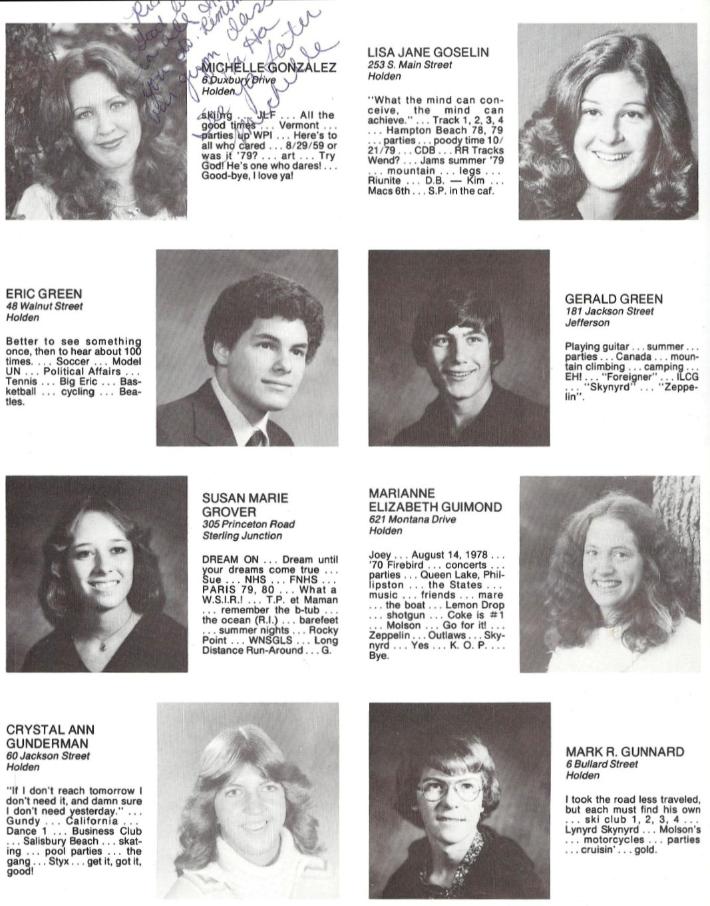 Wachusett Regional High School Class of 1980 Michelle Gonzalez, Lisa Goselin, Eric Green, Gerald Green, Susan Grover, Marianne Guimond, Crystal Gunderman, Mark Gunnard