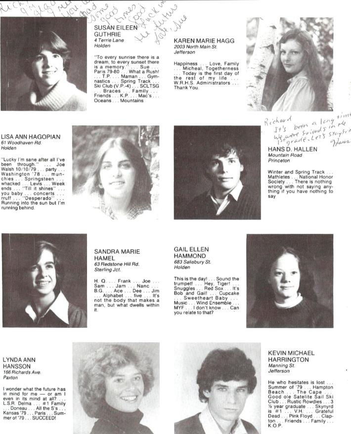 Wachusett Regional High School Class of 1980 Susan Guthrie, Karen Hagg, Lisa Hagopian, Hans Hallen, Sandra Hamel, Gail Hammond, Lynda Ann Hansson, Kevin Harrington