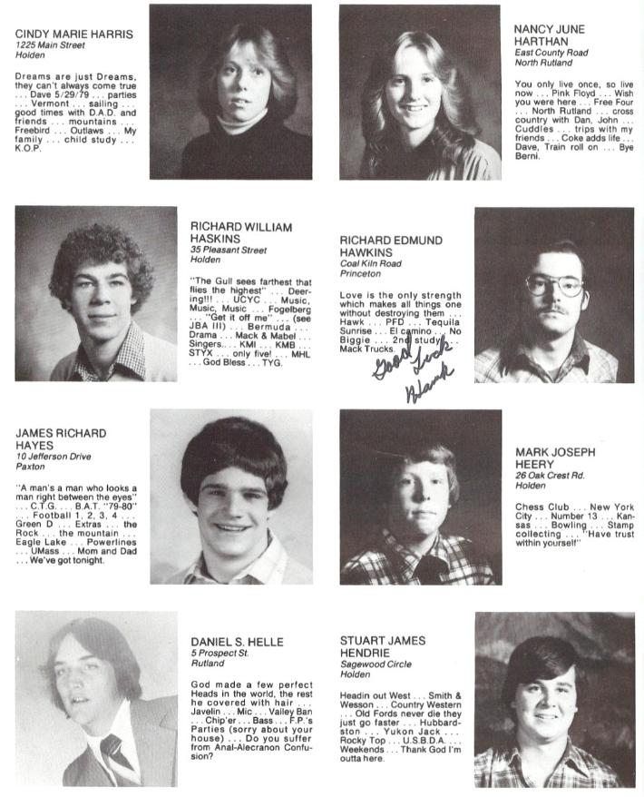 Wachusett Regional High School Class of 1980 Cindy Harris, Nancy Harthan, Richard Haskins, Richard Hawkins, James Hayes, Mark Heery, Daniel Helle, Stuart Hendrie