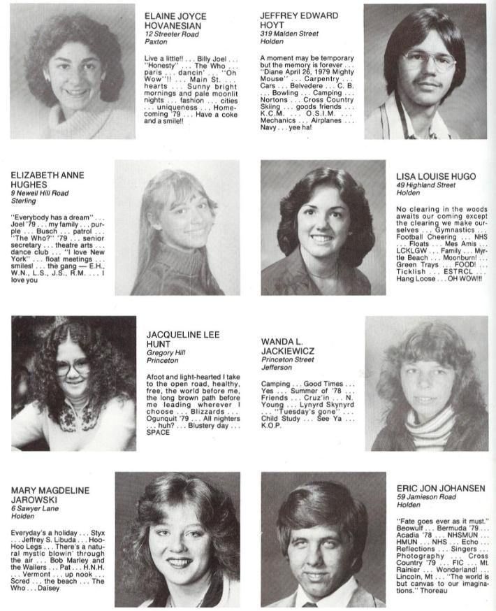 Wachusett Regional High School Class of 1980 Elaine Hovanesian, Jeffrey Hoyt, Elizabeth Anne Hughes, Lisa Louise Hugo, Jacqueline Lee Hunt, Wanda Jackiewicz, Mary Magdeline Jarowski, Eric Jon Johansen