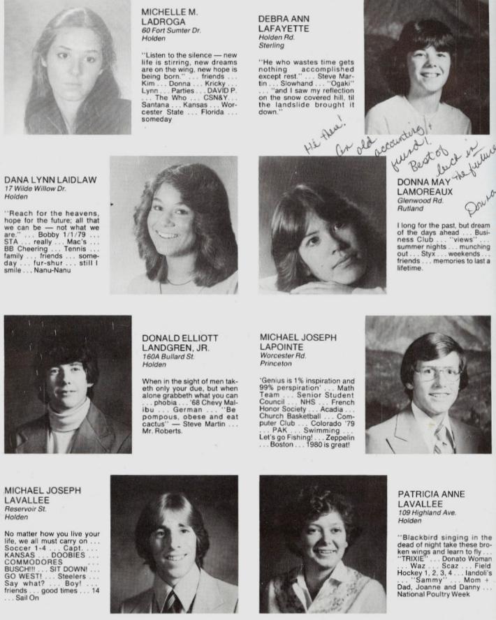 Wachusett Regional High School Class of 1980 Michelle Ladroga, Debra Ann Lafayette, Dana Lynn Laidlaw, Donna May Lamoreaux, Donald  Elliot Landgren Jr, Michael Joseph Lapointe, Michael Joseph Lavallee, Patricia Ann Lavallee