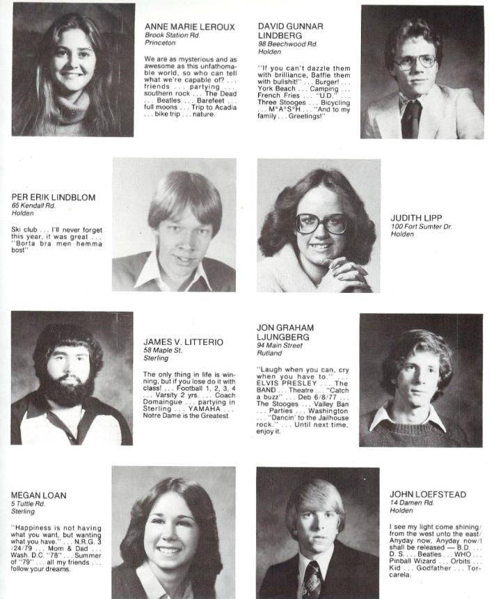 Wachusett Regional High School Class of 1980 Anne Marie Leroux, David Lindberg, Per Erik Lindblom, Judith Lipp, James Litterio, Jon Graham Ljungberg, Megan Loan, John Loefstead