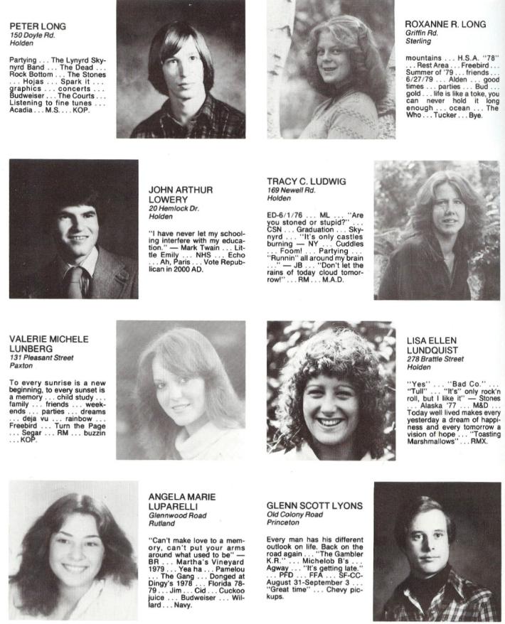 Wachusett Regional High School Class of 1980 Peter Long, Roxanne Long, John Lowery, Tracy C Ludwig, Valerie Michele Lunberg, Lisa Ellen Lundquist, Angela Marie Luparelli, Glenn Lyons