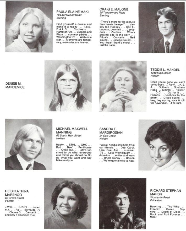 Wachusett Regional High School Class of 1980 Paula Elaine Maki, Craig Malone, Denise Mancevice, Teddie Mandel, Michael Manning, Sandra Mardirosian, Heidi Marengo, Richard S Marsh