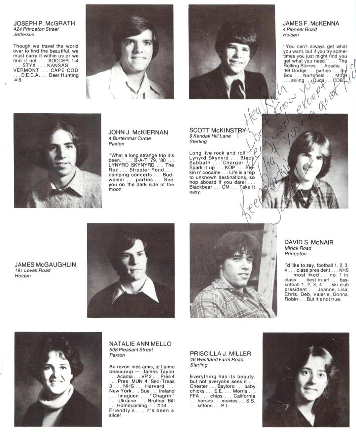 Wachusett Regional High School Class of 1980 Joseph McGrath, James F McKenna, John MCKernian, Scott McKinstry, James McGaughlin, Davis McNair, Natalie Ann Mello, Priscilla J Miller