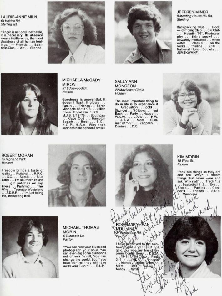 Wachusett Regional High School Class of 1980 Laurie-Anne Miln, Jeffrey Miner, Michaela McGrady Miron, Sally Ann Mongeon, Robert Moran, Kim Morin, Michael Thomas Morin, Rosemary Jean Mullaney