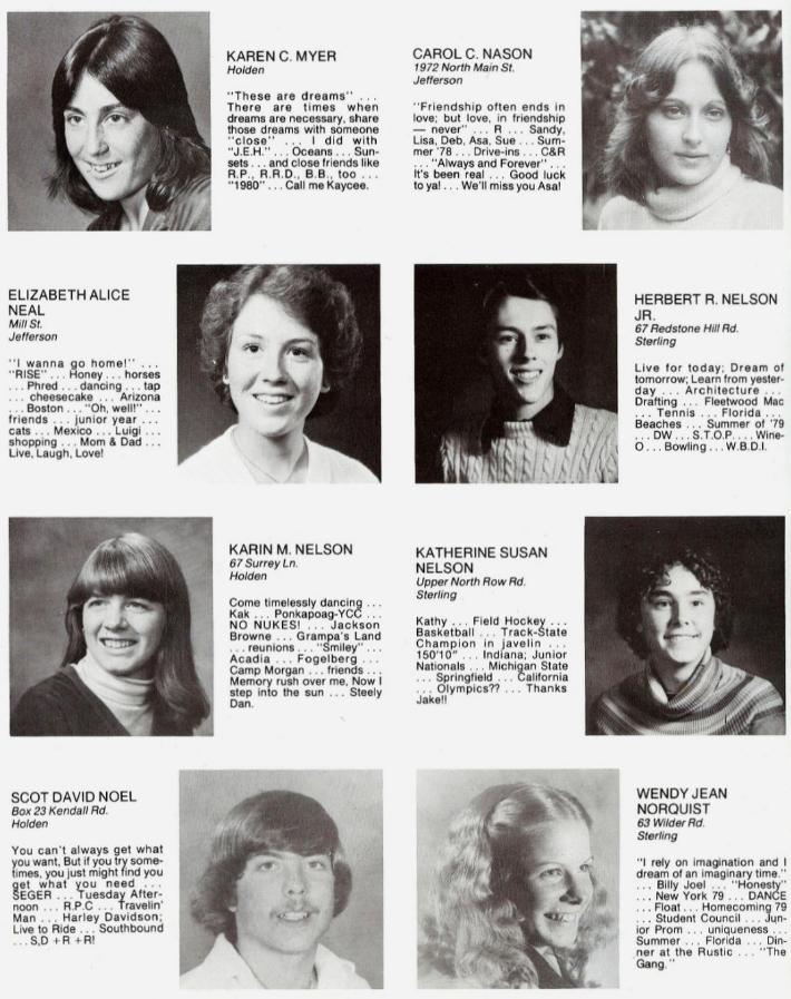 Wachusett Regional High School Class of 1980 Karen Myer, Carol Nason, Elizabeth Alice Neal, Herbert R Nelson, Karin M Nelson, Katherine Susan Nelson, Scot David Noel, Wendy Jean Norquist