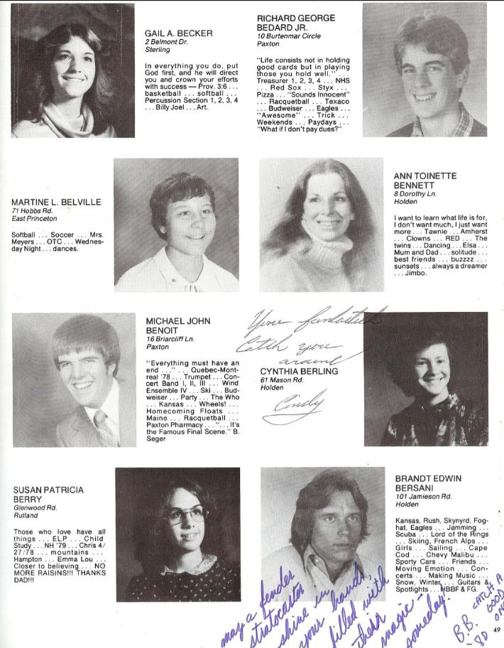 Wachusett Regional High School Class of 1980 Seniors , Gail Becker, Richard Bedard, Martine Belville, Ann Bennett, Michael Benoit, Cynthia Berling, Susan Berry, Brandt Bersani