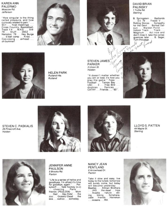 Wachusett Regional High School Class of 1980 Karen Ann Palermo, David Brian Palinsky, Helen Park, Steven James Parker, Strven C Paskalis, Lloyd S Patten, Jennifer Ann Paulson, Nancy Jean Pentland