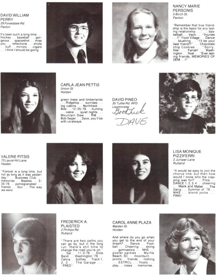 Wachusett Regional High School Class of 1980 David William Perry, Nancy Marie Personis, Carla Jean Pettis, David Pineo, Valerie Pitsis, Lisa Monique Pizziferri, Frederick A Plaisted, Carol Anne Plaza