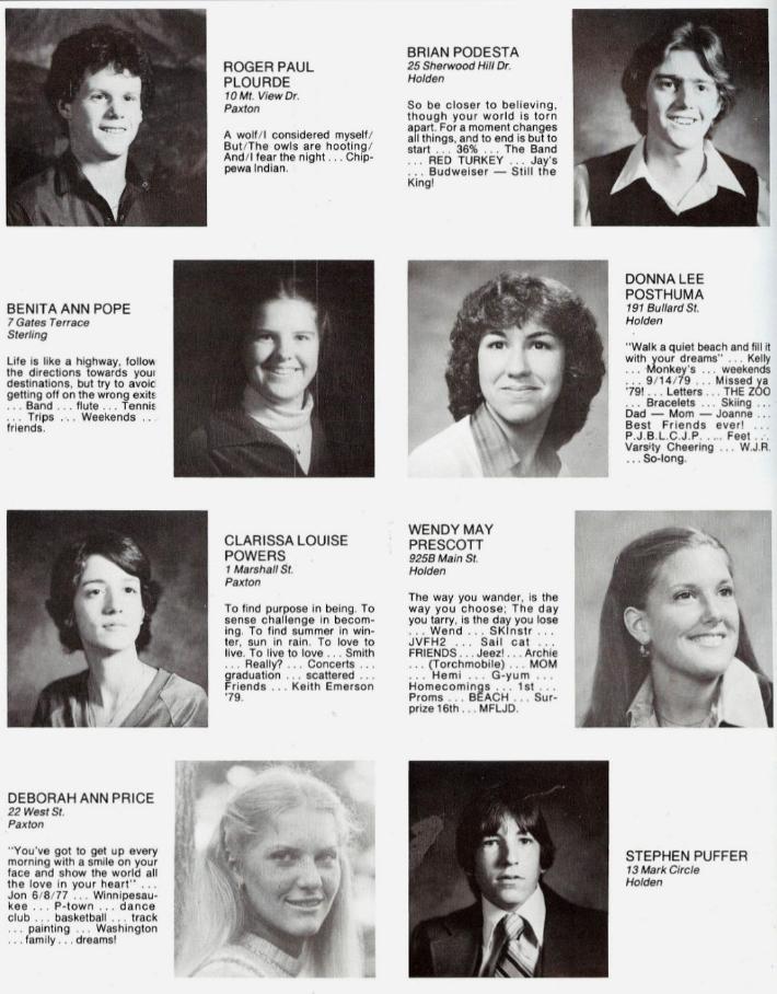 Wachusett Regional High School Class of 1980 Roger Paul Plourde, Brian Podesta, Benita Ann Pope, Donna Lee Posthuma, Clarissa Louise Powers, Wendy May Prescott, Deborah Ann Price, Stephen Puffer