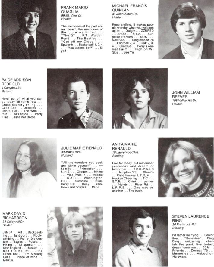 Wachusett Regional High School Class of 1980 Frank Mario Quaglia, Michael Francis Quinlan, Page Addison Redfield, John William Reeves, Julie Marie Renauld, Anita Marie Renauld, Mark David Richardson, Steven Laurence Ring