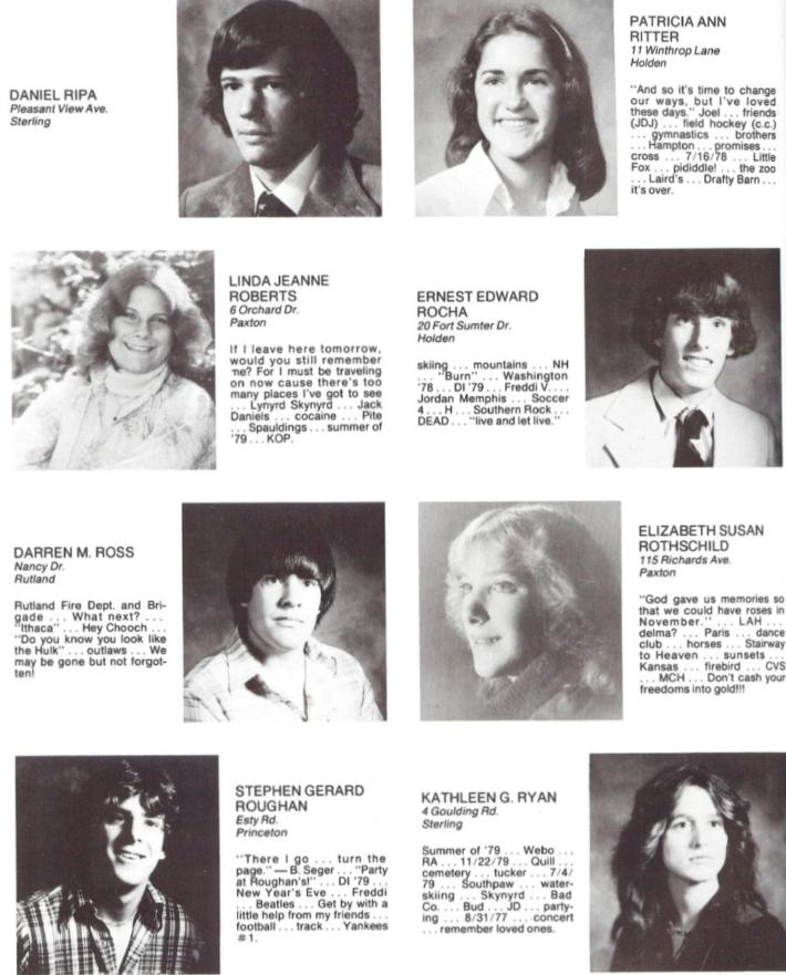 Wachusett Regional High School Class of 1980 Daniel Ripa, Patricia Ann Ritter, Linda Jeanne Roberts, Ernest Edward Rocha, Darren M Ross, Elizabeth Susan Rothschild, Stephen Gerard Roughan, Kathleen G Ryan