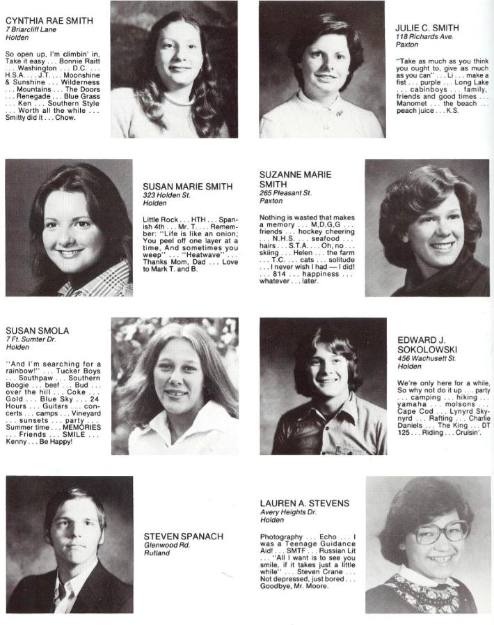 Wachusett Regional High School Class of 1980 Cynthia Rae Smith,  Julie C Smith, Susan Marie Smith, Suzanne Marie Smith, Susan Smola, Edward J Sokolowski, Steven Spanach, Lauren A Stevens