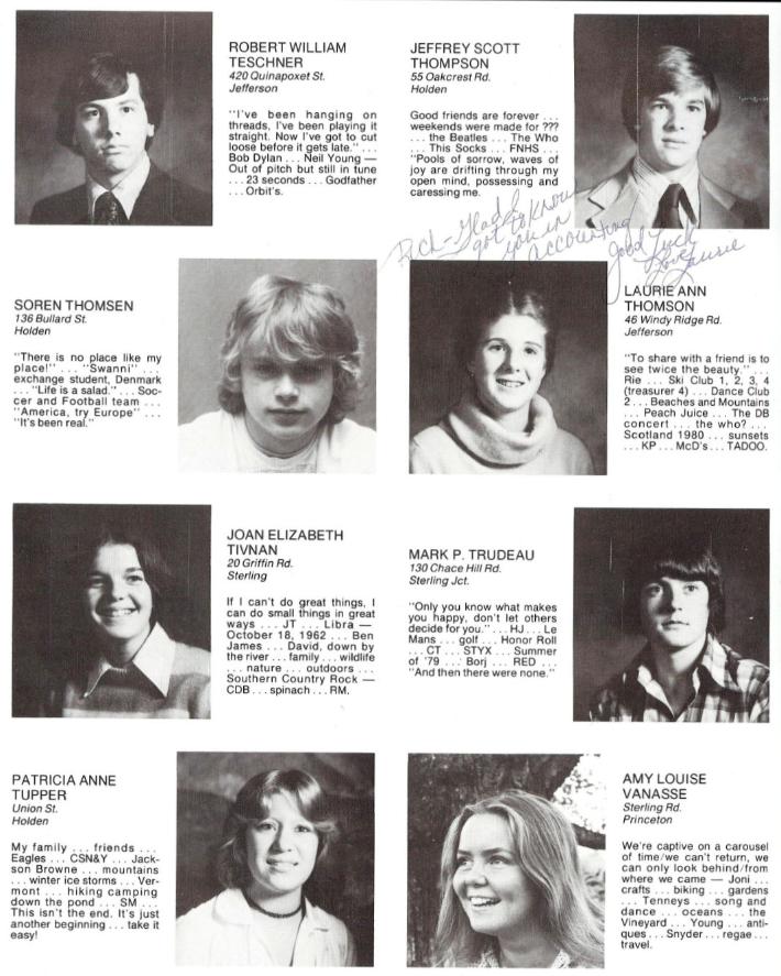 Wachusett Regional High School Class of 1980 Robert William Teschner, Jeffrey Scott Thompson, Lautie Ann Thomson, Joan Elizabeth Tivnan, Mark P Trudeau, Patricia Ann Tupper, Amy Louise Vanasse,