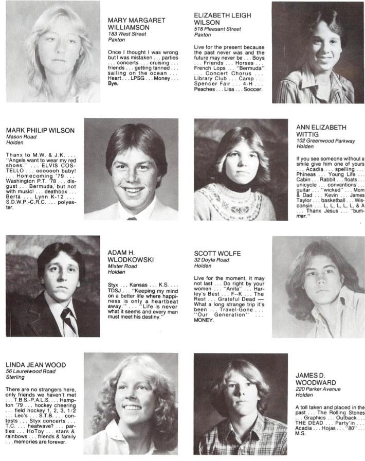 Wachusett Regional High School Class of 1980 Seniors , Mary Williamson, Elizabeth Wilson, Mark Wilson, Ann Wittig, Adam Wlodkowski, Scott Wolfe, Linda Jean Wood, James Woodward