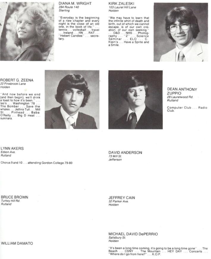 Wachusett Regional High School Class of 1980 Diana M Wright, Kirk Zaleski, Robert Zeena, Dean Anthony Zuppio, Lynn Akers, David Anderson, Bruce Brown, Jeffrey Cain, William Damato, Michael David DePerrio