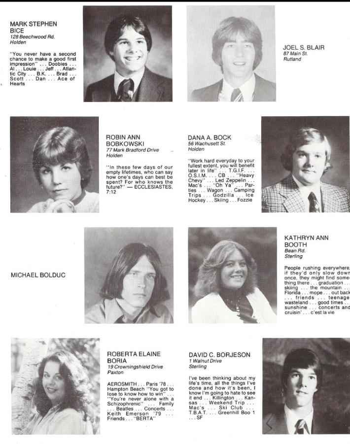 Wachusett Regional High School Class of 1980 Seniors , Mark Bice, Joel Blair, Robin Bobkowski, Dana Bock, Michael Bolduc, Kathryn Booth, Roberta Boria, Davis Borjeson