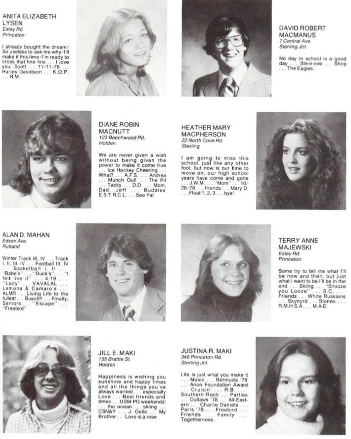 Wachusett Regional High School Class of 1980 Anita Elizabeth Lysen, David Robert McManus, Diane Robin Macnutt, Heather Mary Macpherson, Alan D Mahan, Terry Anne Majewski, Jill E Maki, Justina R Maki