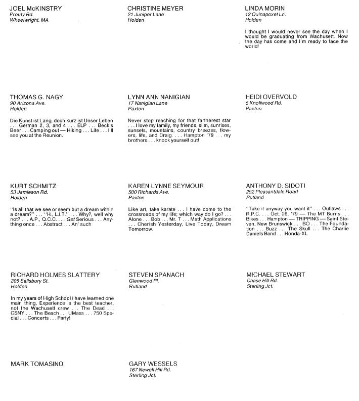 Wachusett Regional High School Class of 1980 Joel McKinstry, Christime Meyer, Linda Morin, Thomas G Nagy, Lynn Ann Nannigan, Heidi Overvold, Kurt Schmitz, Karen Lynne Seymour, Anthony Sidoti, Richard Homes Slattery, Steven Spanach, Michael Stewart, Mark Tomasino, Gary Wessels