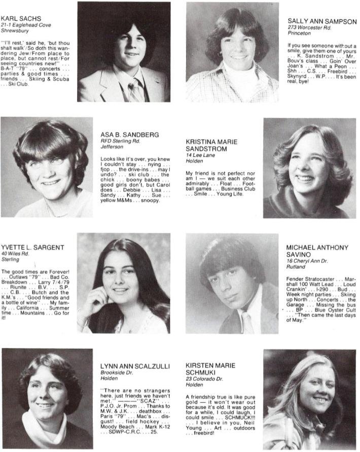 Wachusett Regional High School Class of 1980 Karl Sachs, Sally Ann Sampson, Asa B Sandberg, Kristina  Marie Sanstrom, Yvette Sargent, Michael Anthony Savino, Lynn Ann Scalzulli, Kristen Marie Schmuki